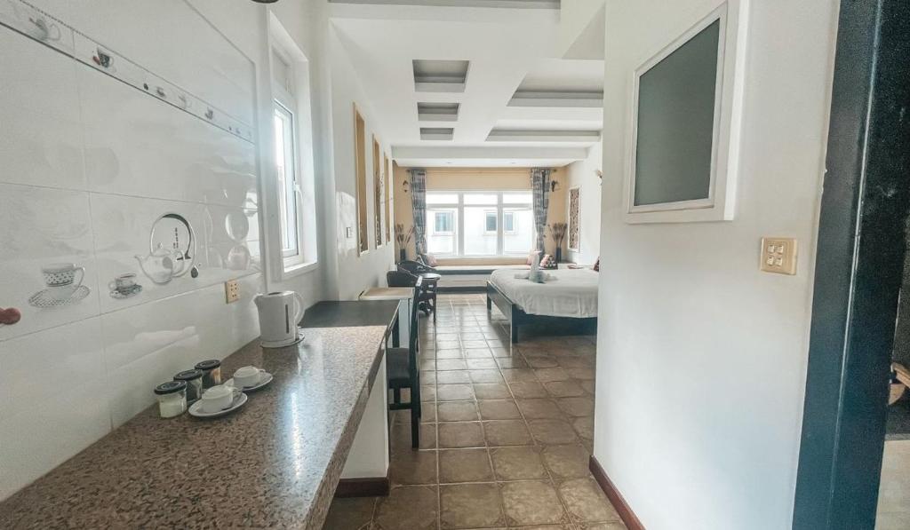 Room with pool view through doorway